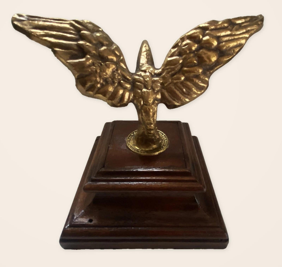 Vintage 1940s Gilt Bronze Eagle Trophy Paperweight with Spread Wings on Stepped Wood Plinth, Desk Sculpture or Office Decor