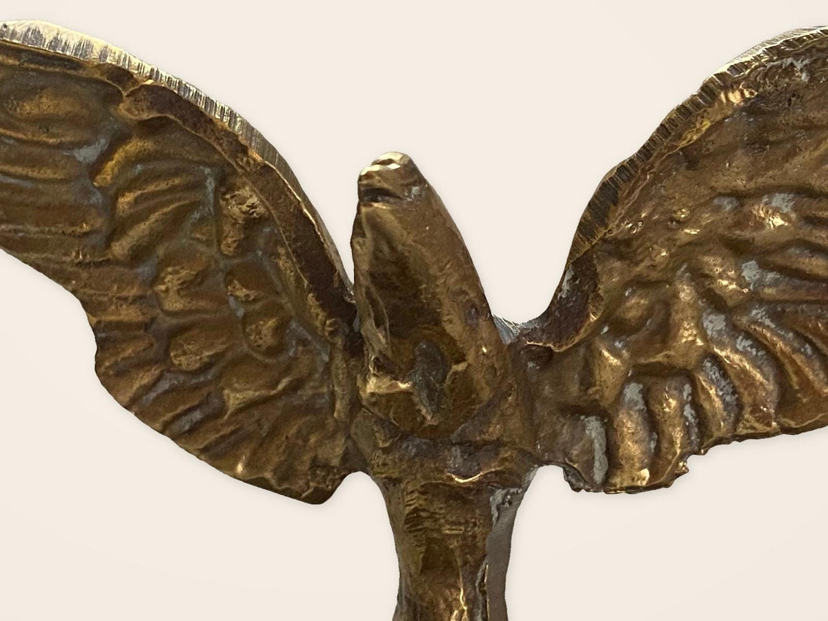 Vintage 1940s Gilt Bronze Eagle Trophy Paperweight with Spread Wings on Stepped Wood Plinth, Desk Sculpture or Office Decor