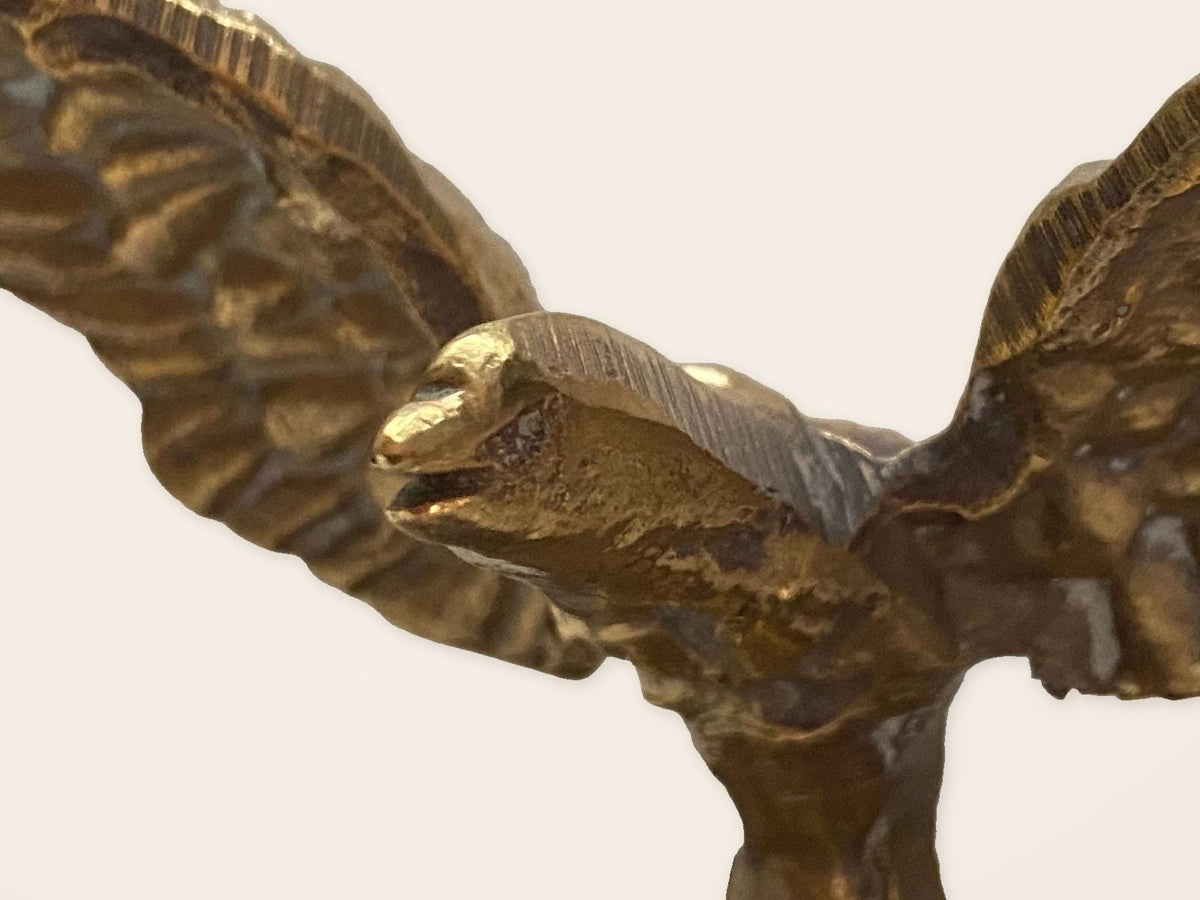 Vintage 1940s Gilt Bronze Eagle Trophy Paperweight with Spread Wings on Stepped Wood Plinth, Desk Sculpture or Office Decor