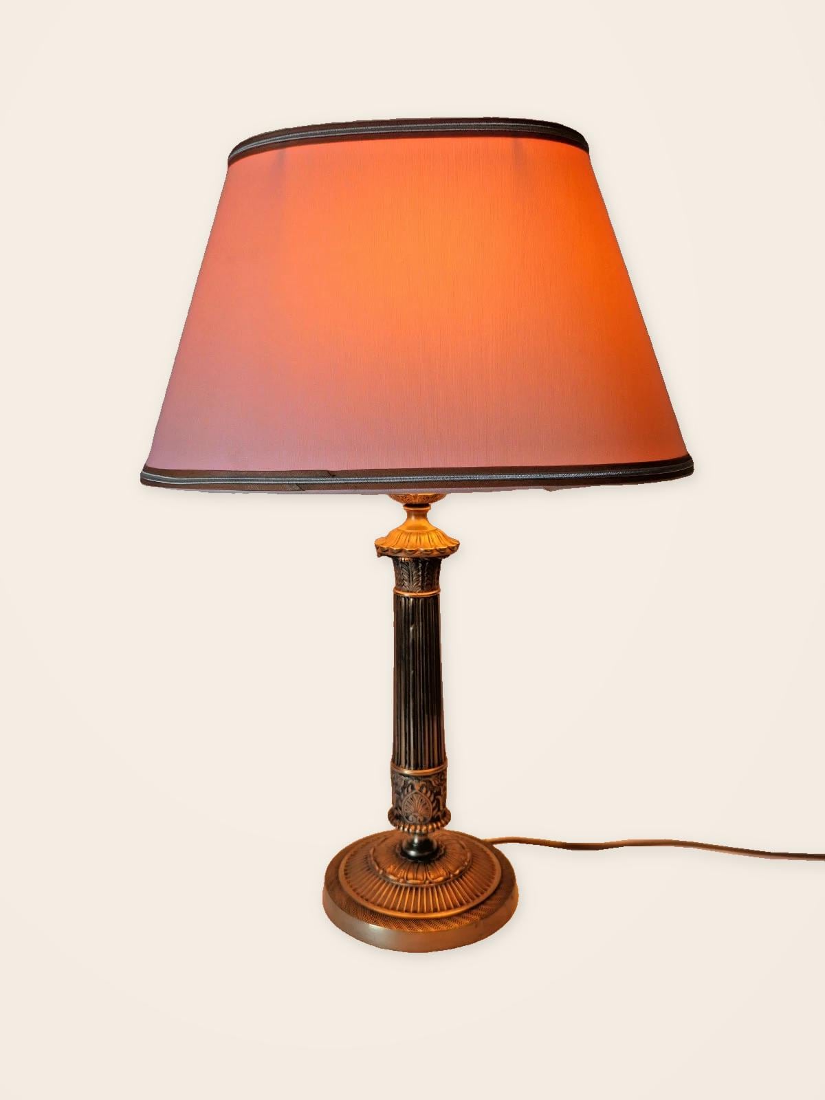 Vintage Empire Style Bronze Column Table Lamp, Fluted Candlestick Base with Palmette Band, Oval Ivory Shade with Apricot Trim