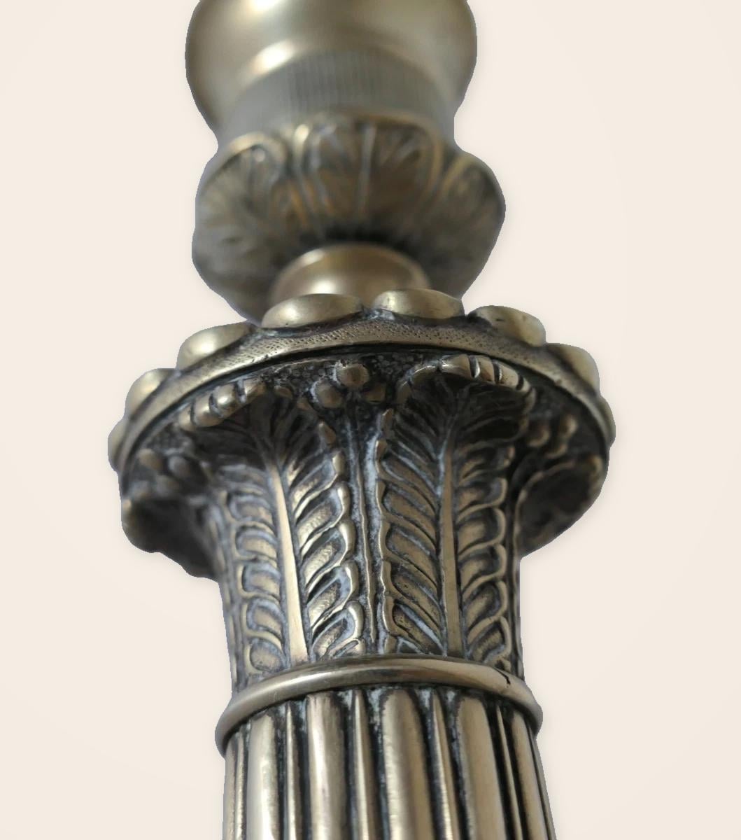 Vintage Empire Style Bronze Column Table Lamp, Fluted Candlestick Base with Palmette Band, Oval Ivory Shade with Apricot Trim