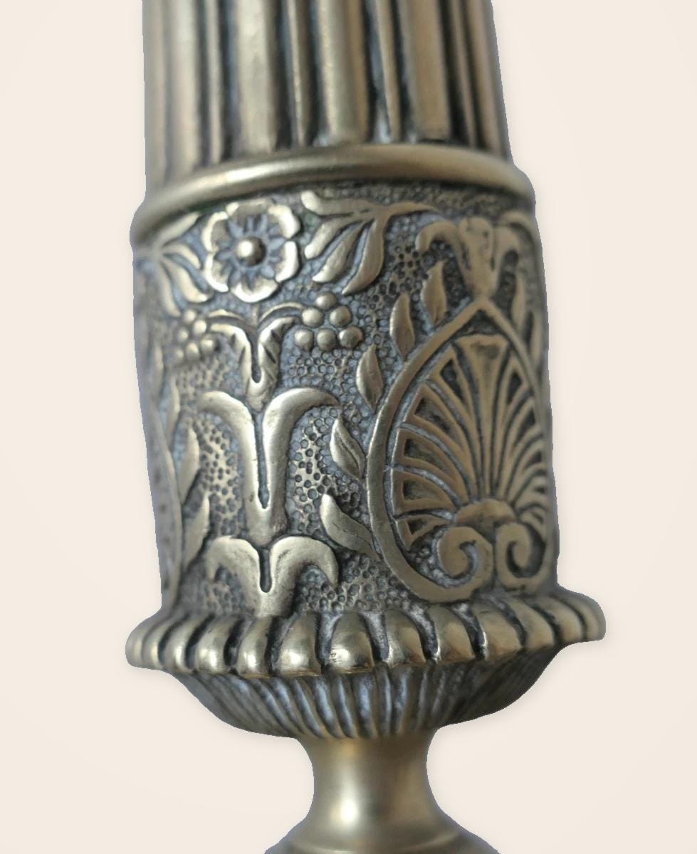 Vintage Empire Style Bronze Column Table Lamp, Fluted Candlestick Base with Palmette Band, Oval Ivory Shade with Apricot Trim