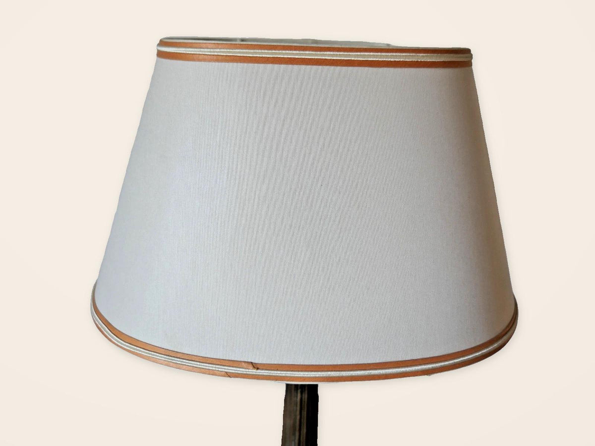 Vintage Empire Style Bronze Column Table Lamp, Fluted Candlestick Base with Palmette Band, Oval Ivory Shade with Apricot Trim