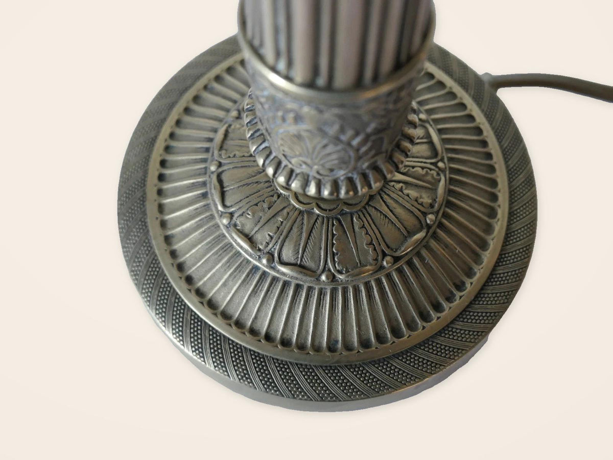 Vintage Empire Style Bronze Column Table Lamp, Fluted Candlestick Base with Palmette Band, Oval Ivory Shade with Apricot Trim