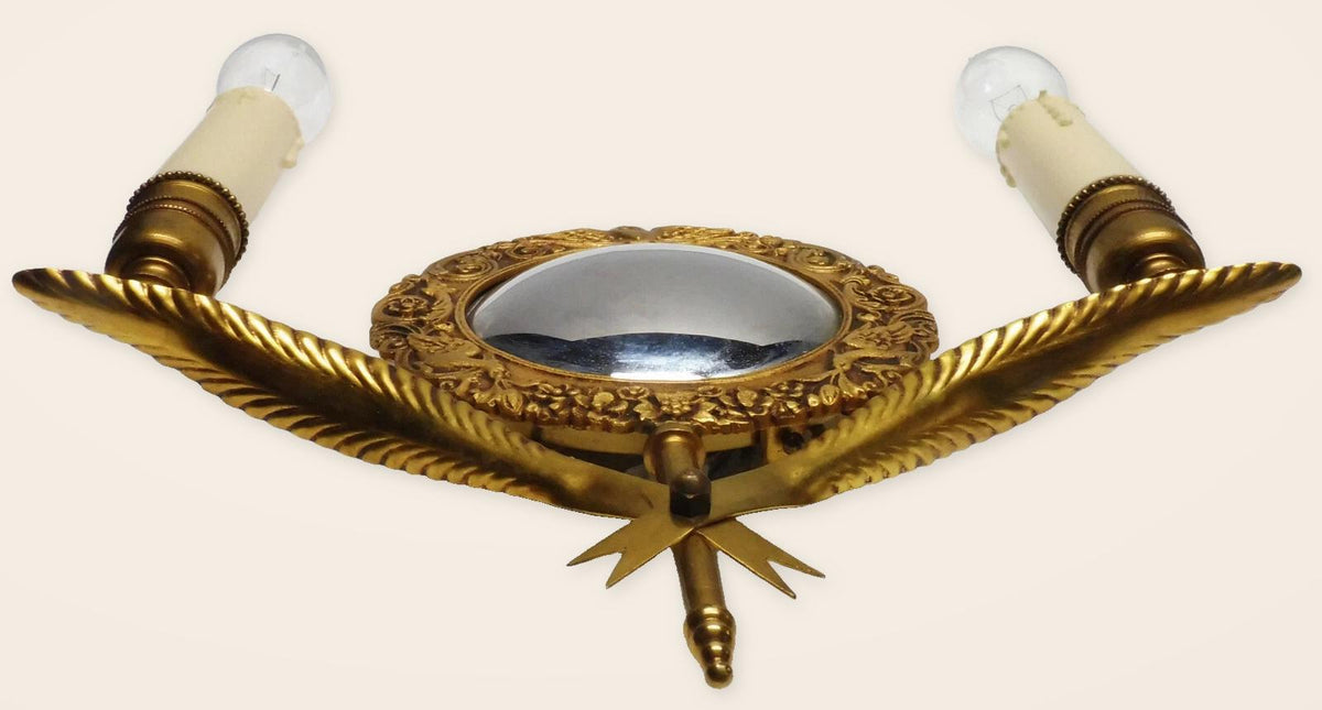 Vintage Gilt Bronze Double Wall Sconce with Convex Witch’s Mirror, Swan and Flower Frame, Crossed Leaf Arms, Mid Century