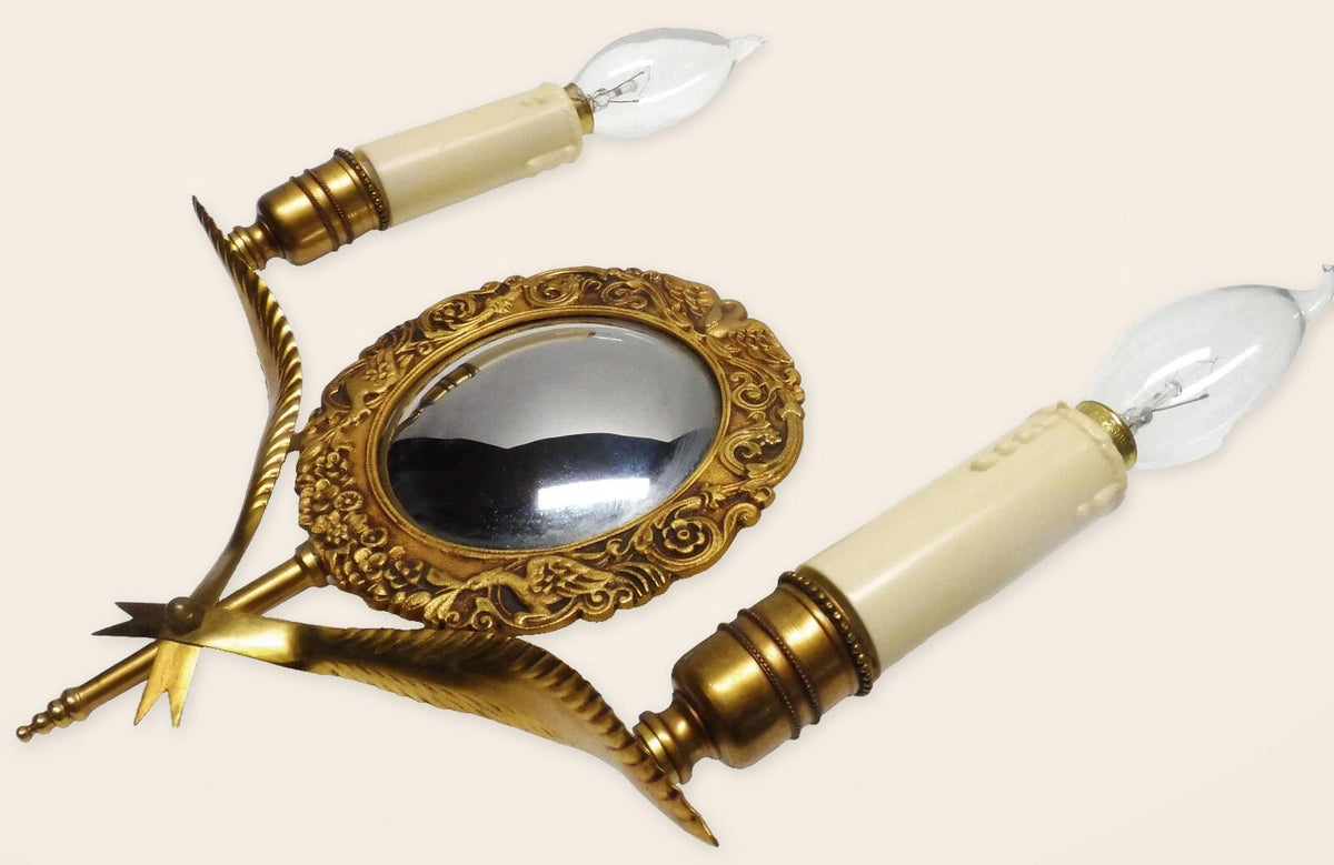 Vintage Gilt Bronze Double Wall Sconce with Convex Witch’s Mirror, Swan and Flower Frame, Crossed Leaf Arms, Mid Century