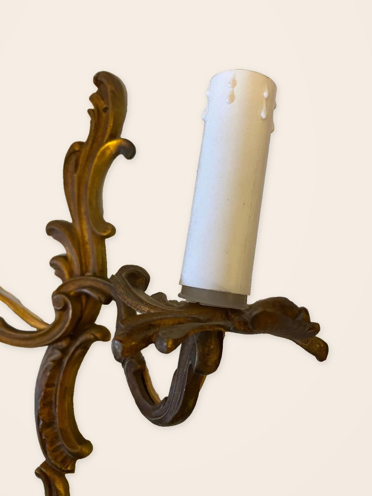 Vintage Louis XV Style Bronze Double Wall Sconce, Rocaille Scroll Backplate with Two Curling Arms and Leaf Bobeches