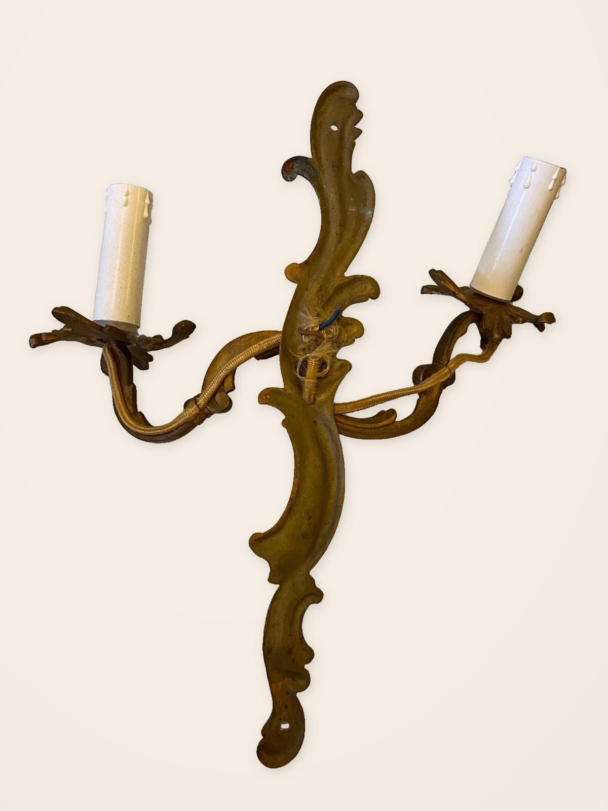 Vintage Louis XV Style Bronze Double Wall Sconce, Rocaille Scroll Backplate with Two Curling Arms and Leaf Bobeches
