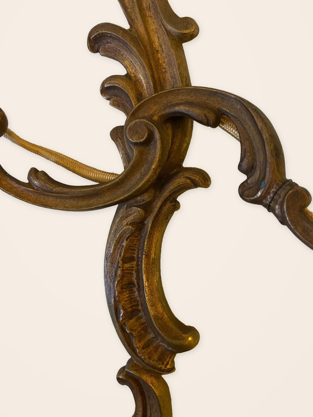 Vintage Louis XV Style Bronze Double Wall Sconce, Rocaille Scroll Backplate with Two Curling Arms and Leaf Bobeches