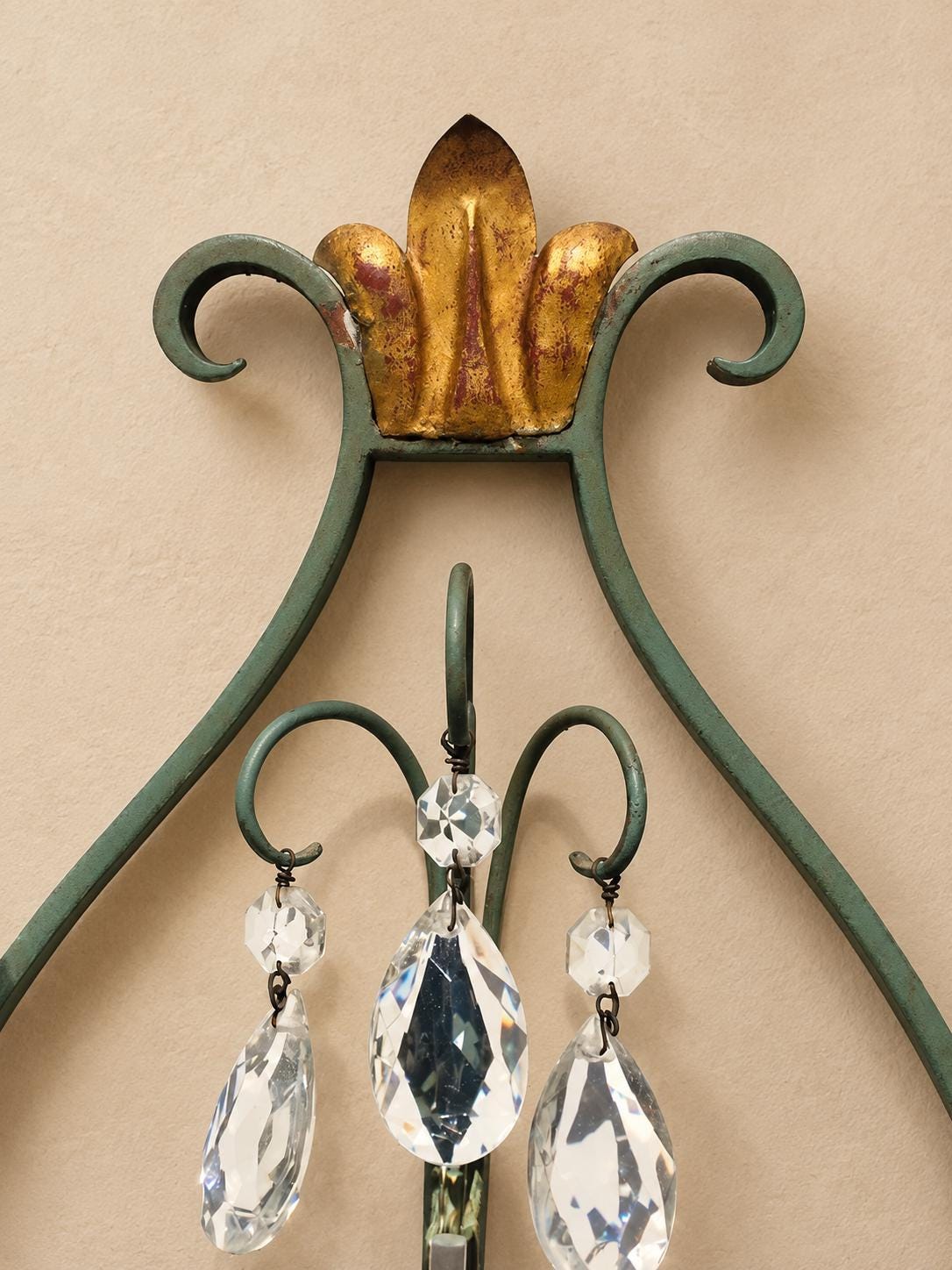 Pair of Vintage 1950s Verdigris Wrought Iron Wall Sconces, Gilt Fleur-de-Lis Crest, Glass Drops, Hollywood Regency Lights