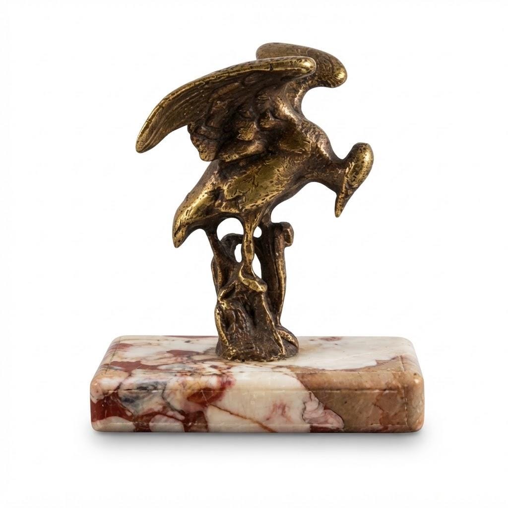 Vintage Bronze Heron Paperweight on Red Veined Marble Base, Bird with Raised Wings Among Reeds, Animalier Desk Sculpture