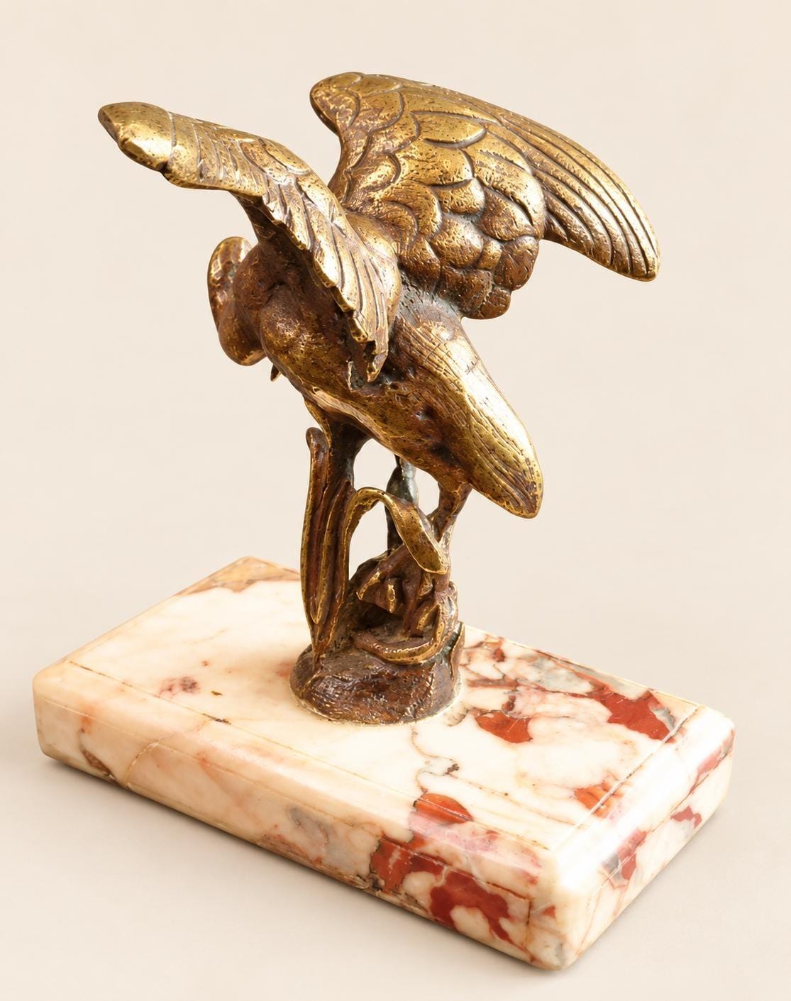 Vintage Bronze Heron Paperweight on Red Veined Marble Base, Bird with Raised Wings Among Reeds, Animalier Desk Sculpture