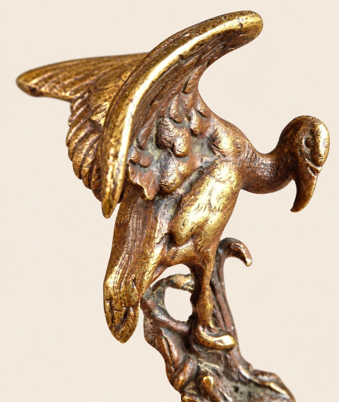 Vintage Bronze Heron Paperweight on Red Veined Marble Base, Bird with Raised Wings Among Reeds, Animalier Desk Sculpture
