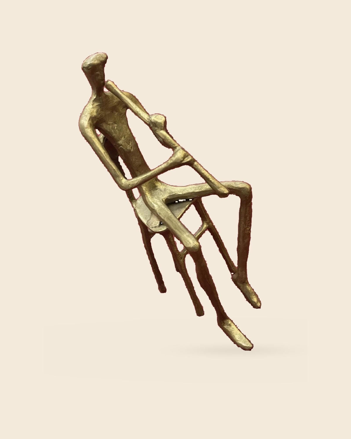 Vintage Bronze Modernist Figure Sculpture, Seated Man Playing the Flute on a Tall Chair, Musician Statuette, Music Decor