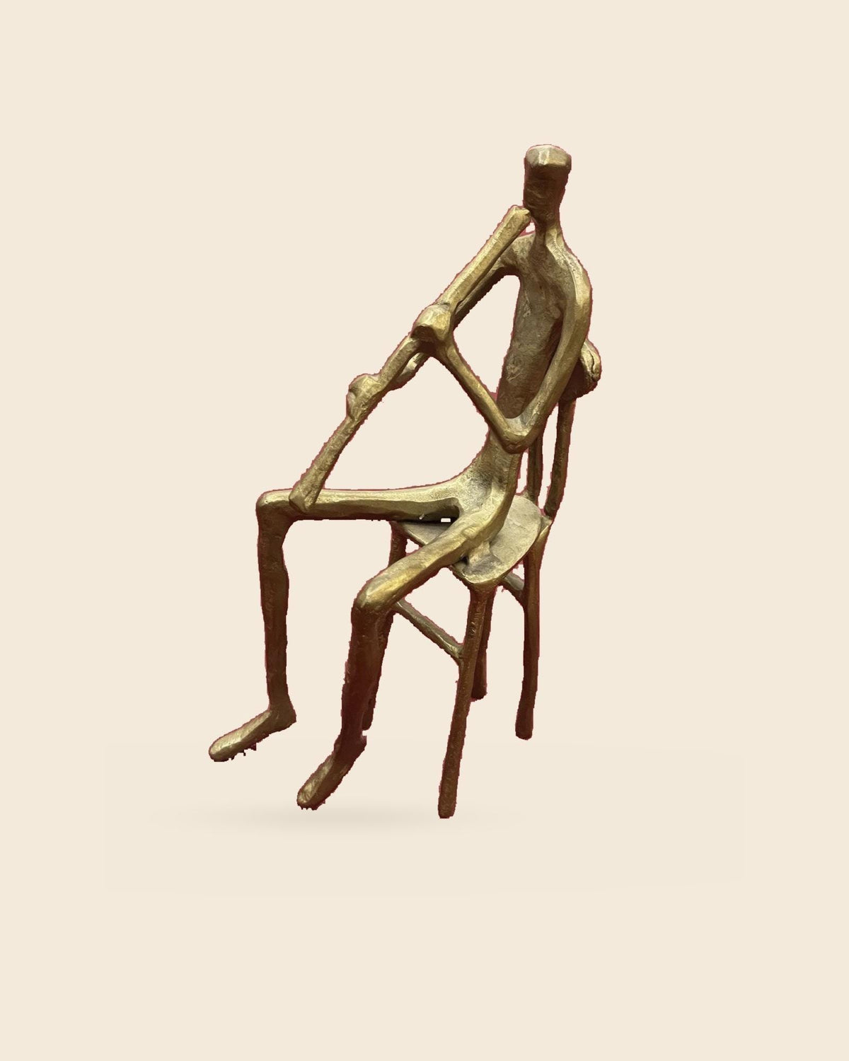 Vintage Bronze Modernist Figure Sculpture, Seated Man Playing the Flute on a Tall Chair, Musician Statuette, Music Decor