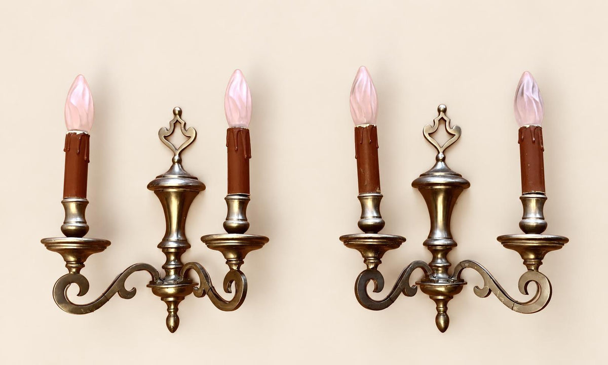 Pair of Vintage Louis XIII Style Tinned Bronze Wall Sconces, Two-Arm Flat Scroll Design with Baluster Stem and Pierced Crest