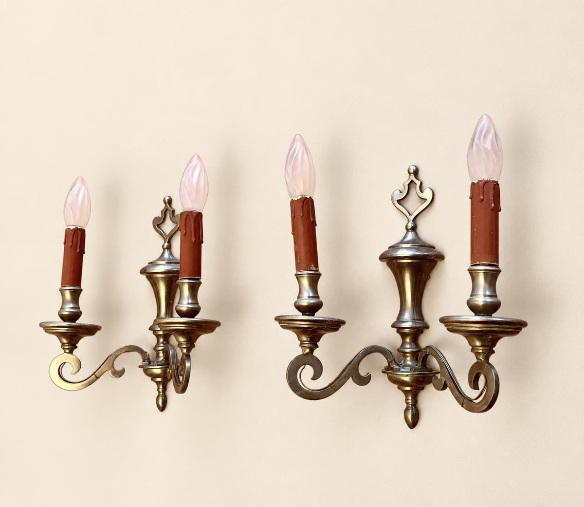 Pair of Vintage Louis XIII Style Tinned Bronze Wall Sconces, Two-Arm Flat Scroll Design with Baluster Stem and Pierced Crest