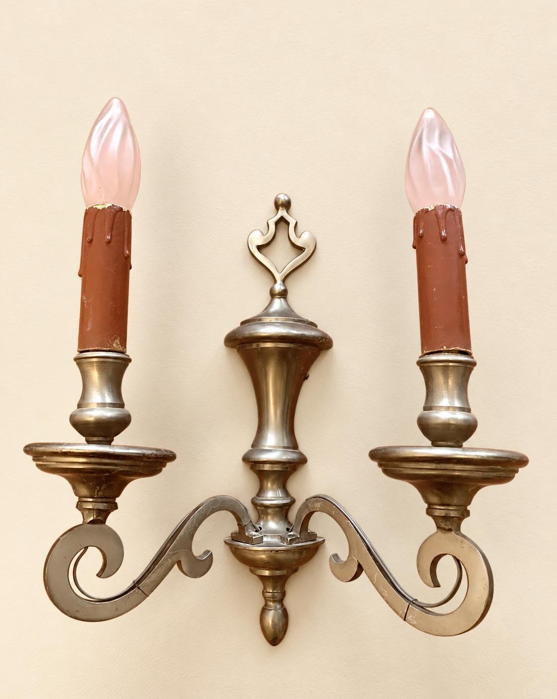 Pair of Vintage Louis XIII Style Tinned Bronze Wall Sconces, Two-Arm Flat Scroll Design with Baluster Stem and Pierced Crest