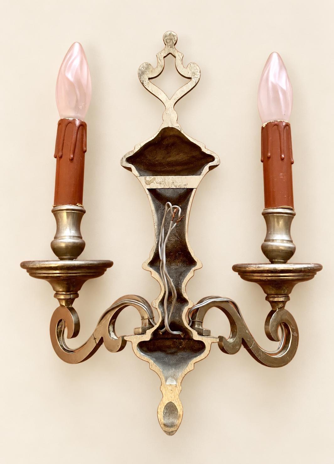 Pair of Vintage Louis XIII Style Tinned Bronze Wall Sconces, Two-Arm Flat Scroll Design with Baluster Stem and Pierced Crest