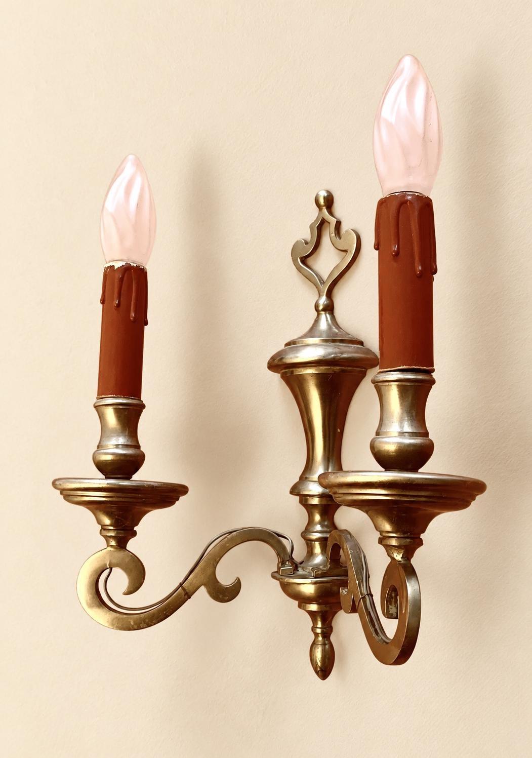 Pair of Vintage Louis XIII Style Tinned Bronze Wall Sconces, Two-Arm Flat Scroll Design with Baluster Stem and Pierced Crest