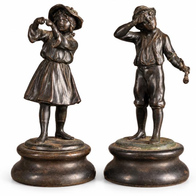 Pair of Antique Bronze Figures of Country Children, Girl in Bonnet and Boy Shading His Eyes, on Turned Bases, circa 1900