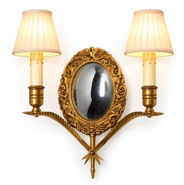 Vintage Gilt Bronze Double Wall Sconce with Convex Witch’s Mirror, Swan and Flower Frame, Crossed Leaf Arms, Mid Century