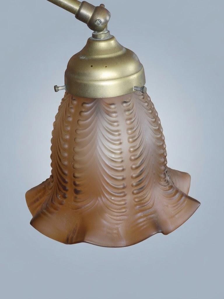 Vintage Adjustable Brass-Tone Desk Lamp with Brown Ribbed Glass Bell Shade, Ring Finial and Curved Arm, 43 cm