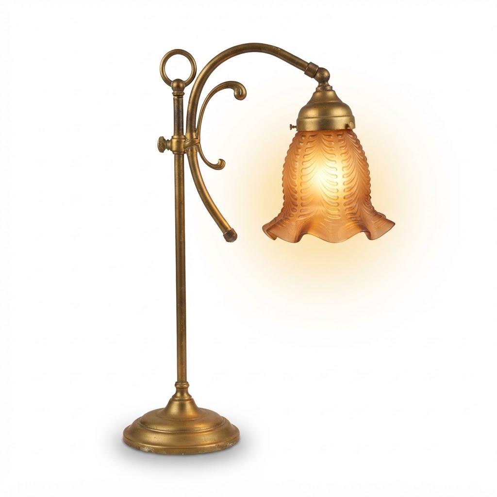 Vintage Adjustable Brass-Tone Desk Lamp with Brown Ribbed Glass Bell Shade, Ring Finial and Curved Arm, 43 cm