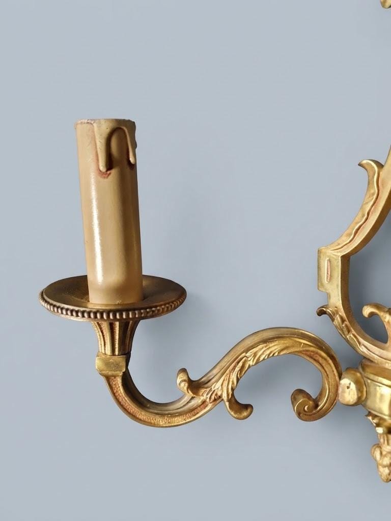 Set of Three Vintage Louis XVI Style Bronze Wall Sconces, Two-Arm Lyre Backplate with Fleur-de-Lis Crest and Beaded Bobeches