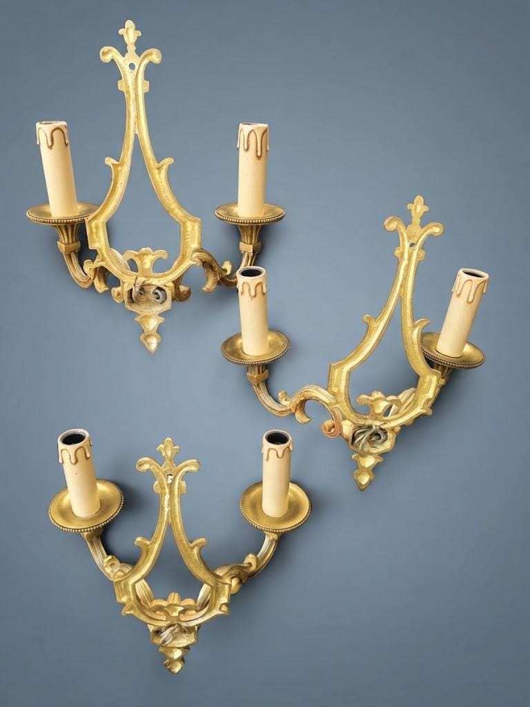 Set of Three Vintage Louis XVI Style Bronze Wall Sconces, Two-Arm Lyre Backplate with Fleur-de-Lis Crest and Beaded Bobeches