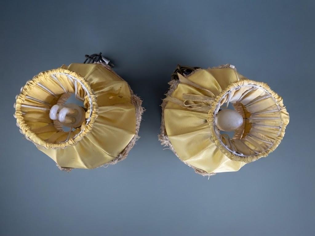 Pair of Vintage Gilt Bronze Bedside Table Lamps with Yellow Satin Fringed Shades, Acanthus Oval Bases, Boudoir Lighting