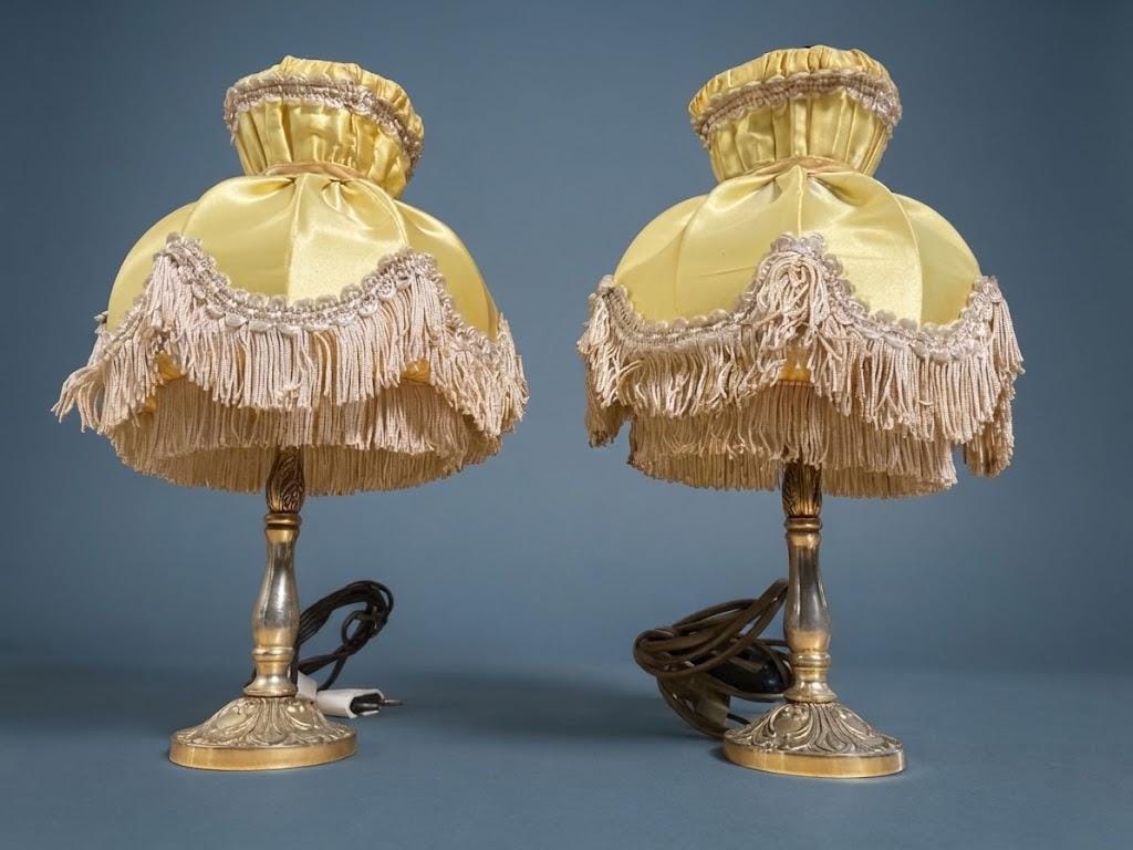Pair of Vintage Gilt Bronze Bedside Table Lamps with Yellow Satin Fringed Shades, Acanthus Oval Bases, Boudoir Lighting
