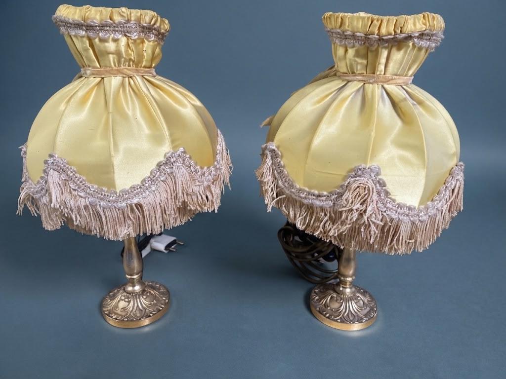 Pair of Vintage Gilt Bronze Bedside Table Lamps with Yellow Satin Fringed Shades, Acanthus Oval Bases, Boudoir Lighting
