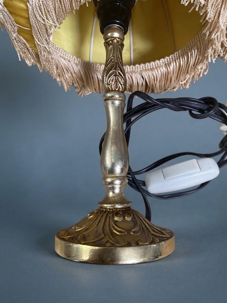 Pair of Vintage Gilt Bronze Bedside Table Lamps with Yellow Satin Fringed Shades, Acanthus Oval Bases, Boudoir Lighting