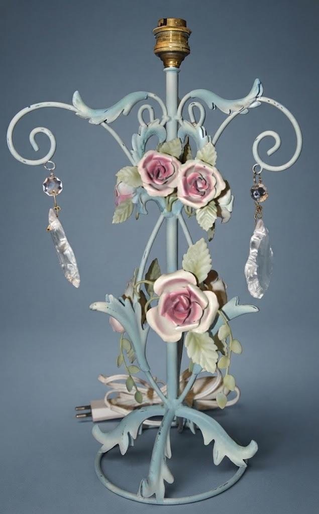 Pair of Vintage Painted Tole Table Lamps with Pink Roses and Glass Drops, Pale Blue Scrolled Metal Frame, Shabby Chic Decor
