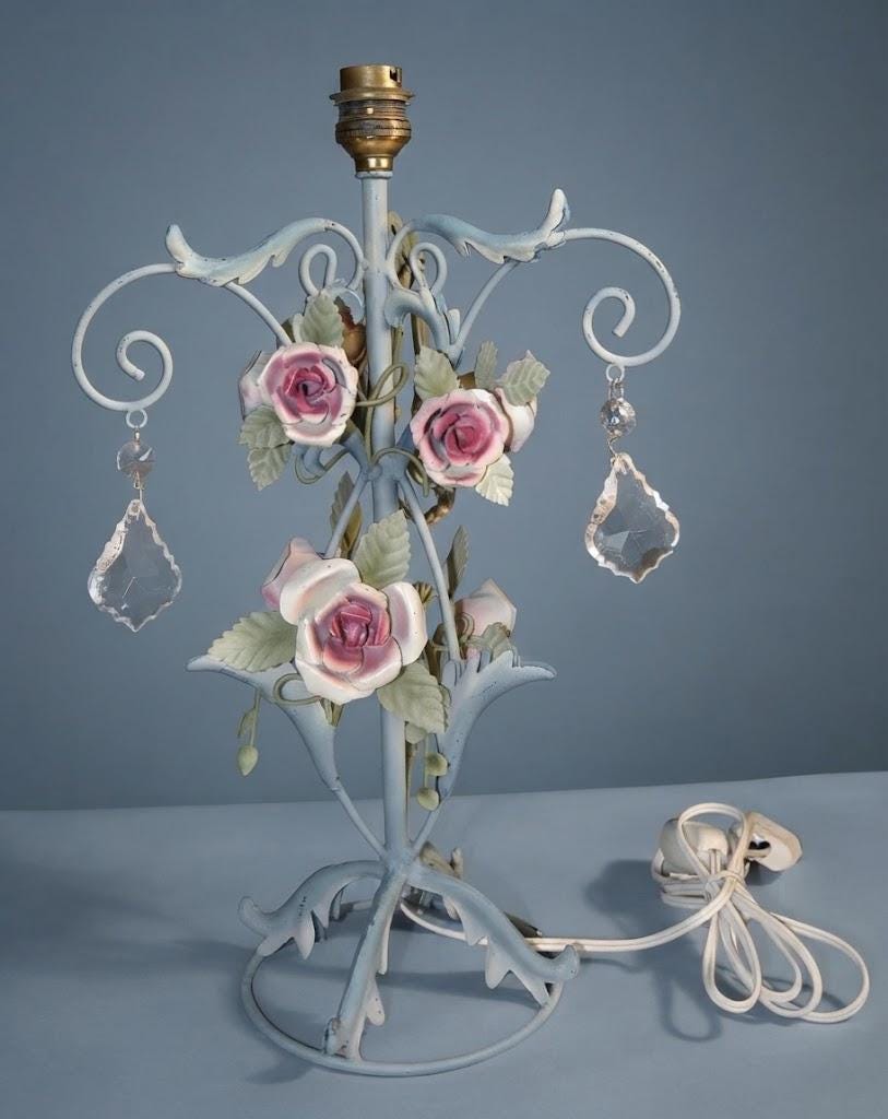 Pair of Vintage Painted Tole Table Lamps with Pink Roses and Glass Drops, Pale Blue Scrolled Metal Frame, Shabby Chic Decor