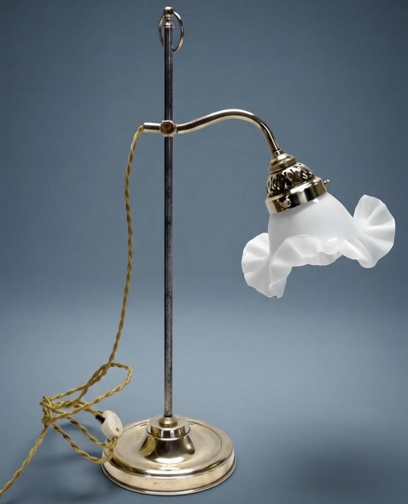 Vintage Bronze Adjustable Desk Lamp with Ruffled White Opaline Glass Tulip Shade, Sliding Swan Neck Arm and Ring Finial