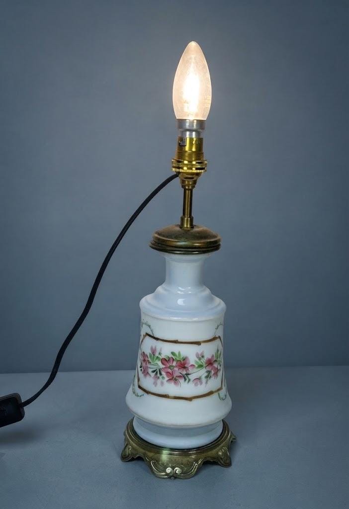 Antique 19th Century Hand-Painted Porcelain Table Lamp, Pink Floral Garland on White, Bronze Scroll Foot, Converted Oil Lamp