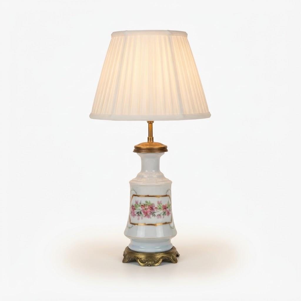 Antique 19th Century Hand-Painted Porcelain Table Lamp, Pink Floral Garland on White, Bronze Scroll Foot, Converted Oil Lamp