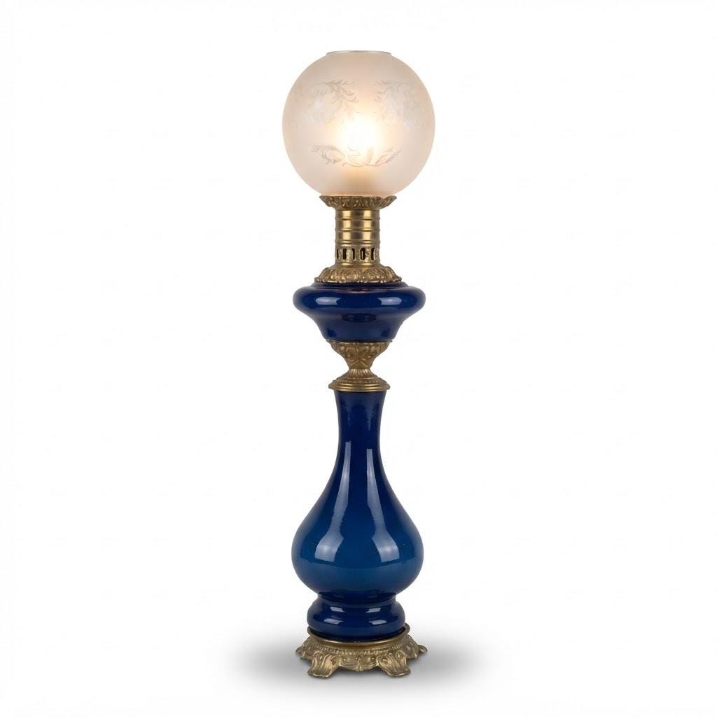 Large Vintage Cobalt Blue Porcelain Baluster Table Lamp with Etched Frosted Glass Globe, Bronze Mounts, Converted Oil Lamp
