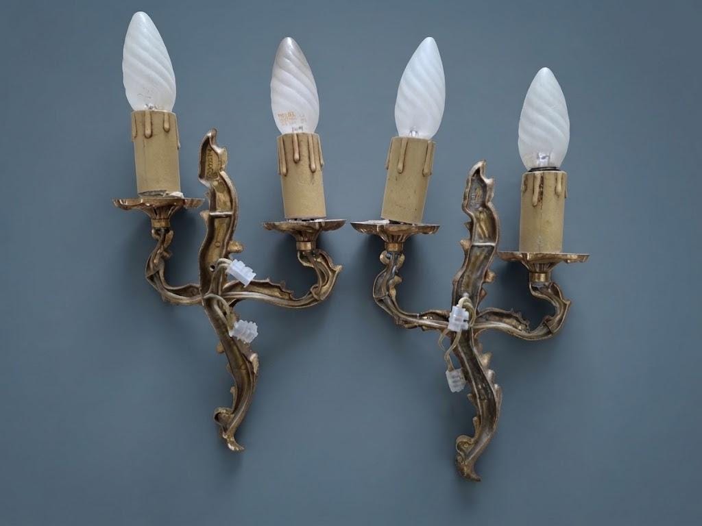 Pair of Vintage Louis XV Style Brass or Bronze Wall Sconces, Two-Arm Rocaille Acanthus Design with Fluted Cup Bobeches, Candle Lights