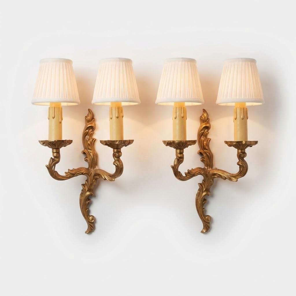 Pair of Vintage Louis XV Style Brass or Bronze Wall Sconces, Two-Arm Rocaille Acanthus Design with Fluted Cup Bobeches, Candle Lights