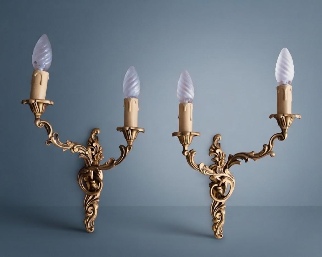 Pair of Vintage 1970s Bronze Louis XV Style Wall Sconces, Asymmetric Two-Arm Rocaille Design with Fluted Cups, Mirrored Candle Lights
