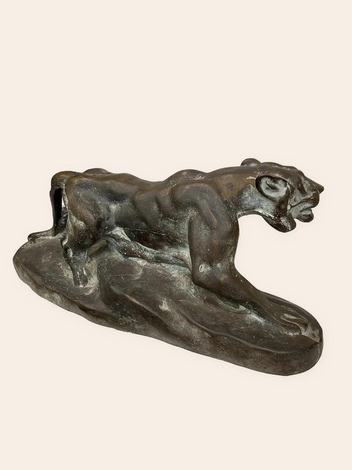 Vintage Art Deco Bronze Panther Sculpture, Stalking Big Cat on Naturalistic Base, Large Animalier Statue, 18.5 Inches Long
