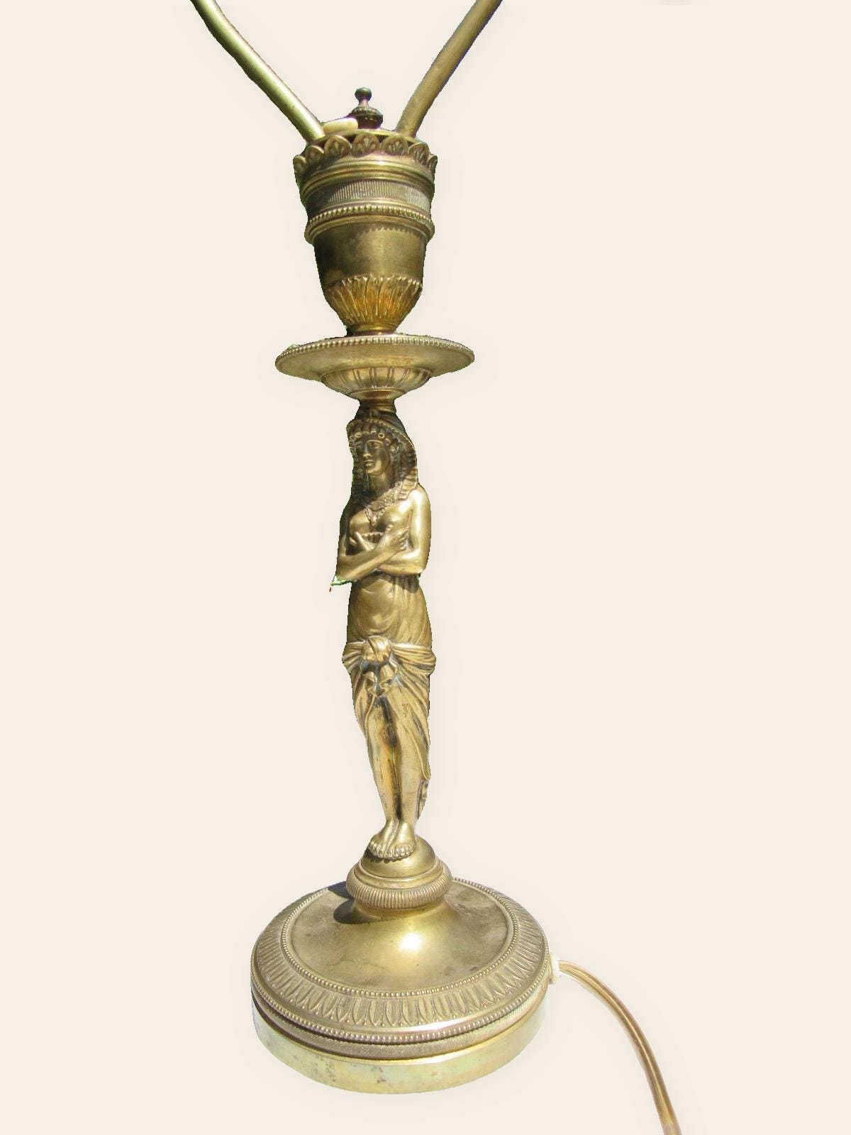 Antique 19th Century Gilt Bronze Egyptian Revival Caryatid Table Lamp, Draped Female Figure Stem, Urn Collar, Shade Harp