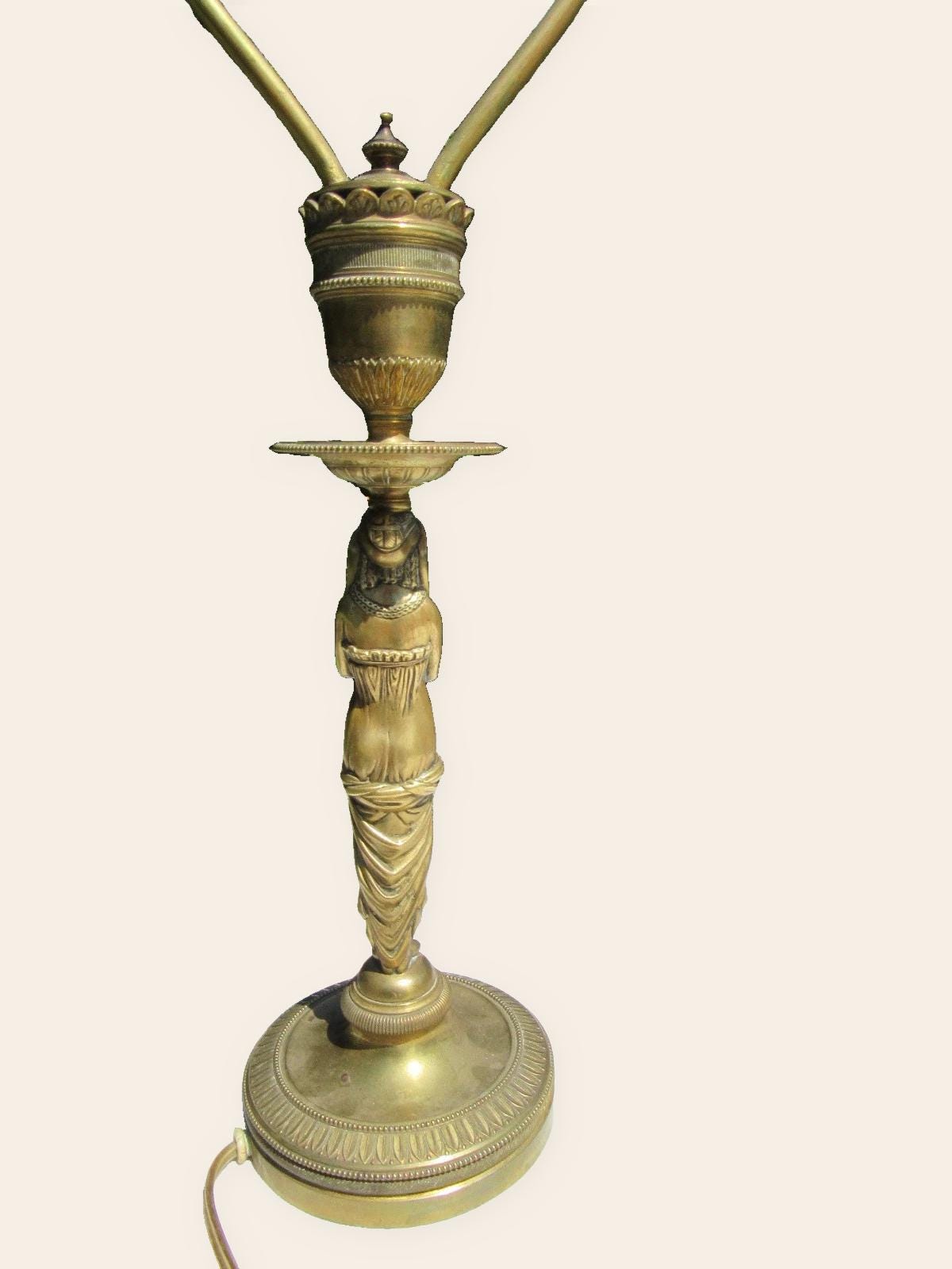 Antique 19th Century Gilt Bronze Egyptian Revival Caryatid Table Lamp, Draped Female Figure Stem, Urn Collar, Shade Harp