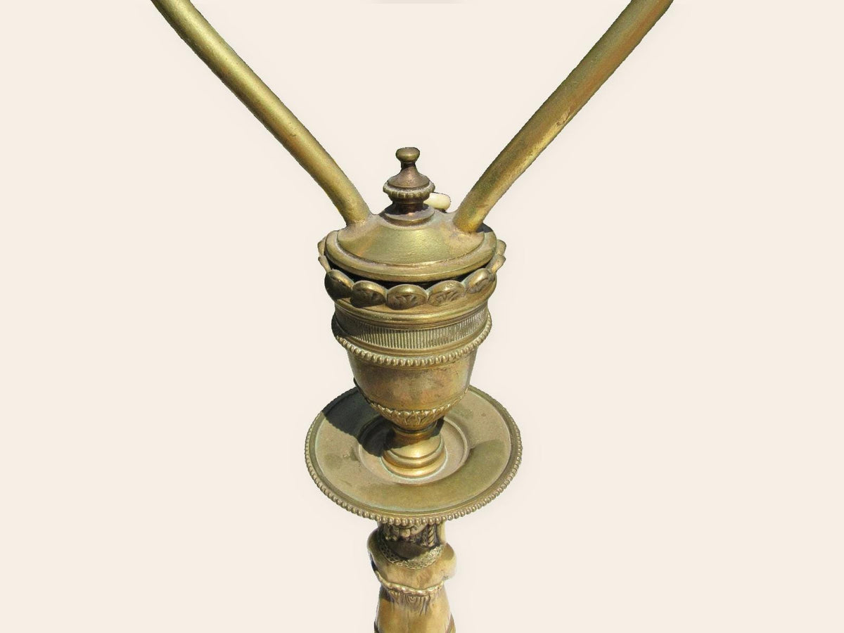 Antique 19th Century Gilt Bronze Egyptian Revival Caryatid Table Lamp, Draped Female Figure Stem, Urn Collar, Shade Harp