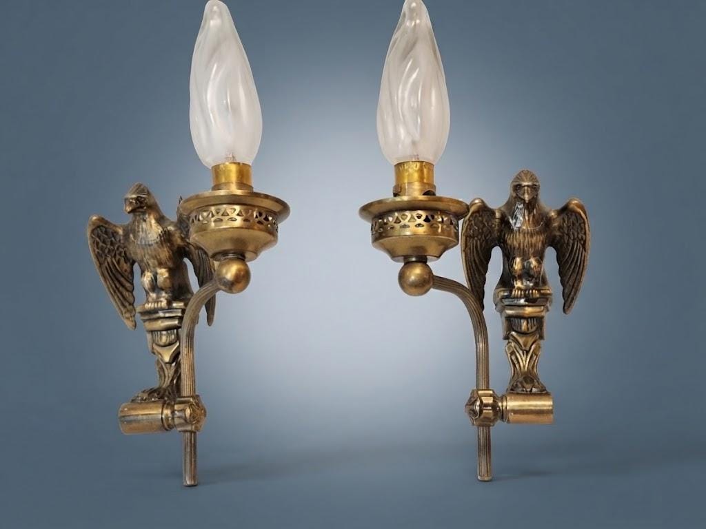 Pair of Vintage Empire Style Brass-Tone Wall Sconces with Imperial Eagle, Single-Arm Reeded Swan Neck, Pierced Shade Gallery
