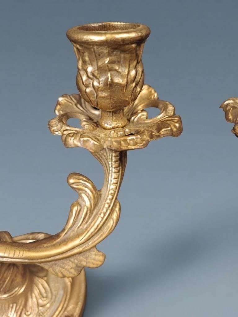Pair of Antique Louis XV Style Gilt Bronze Two-Light Candelabra, Rocaille Scroll Arms with Flower Bud Cups, circa 1880