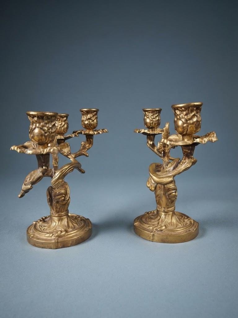 Pair of Antique Louis XV Style Gilt Bronze Two-Light Candelabra, Rocaille Scroll Arms with Flower Bud Cups, circa 1880